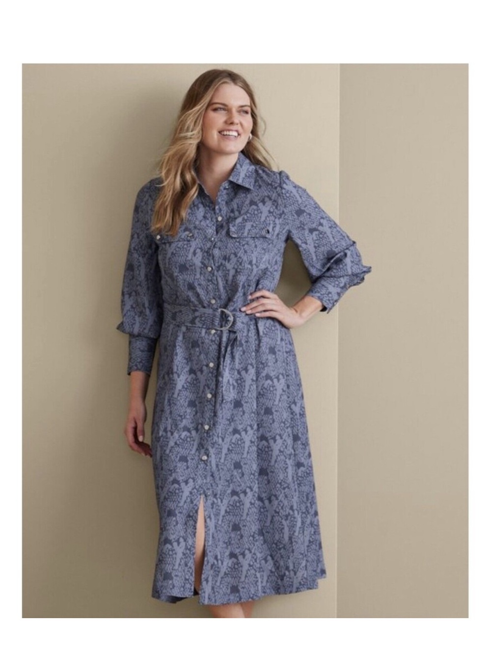 Soft Surroundings Blue Patterned Long-Sleeve Shirt Dress